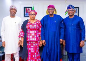 r: Deputy Governor of Lagos State, Dr. Obafemi Hamzat; newly elected Speaker of the State House of Assembly, Rt. Hon. Mojisola Meranda; Governor Babajide Sanwo-Olu and the Deputy Speaker, Hon. Mojeed Fatai during a courtesy visit to the Governor in his office, Lagos House, Alausa, Ikeja, on Monday, 20 January 2025.