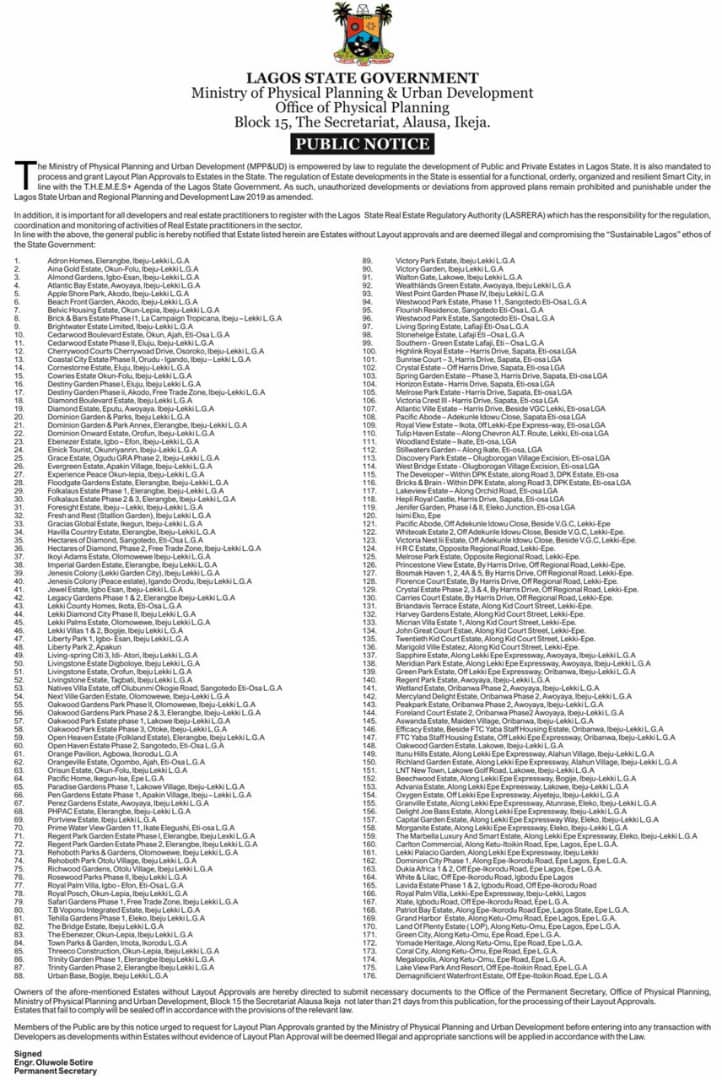 LASG LISTS 176 ILLEGAL ESTATES, GIVES 21-DAY ULTIMATUM TO PROCESS LAYOUT APPROVALS