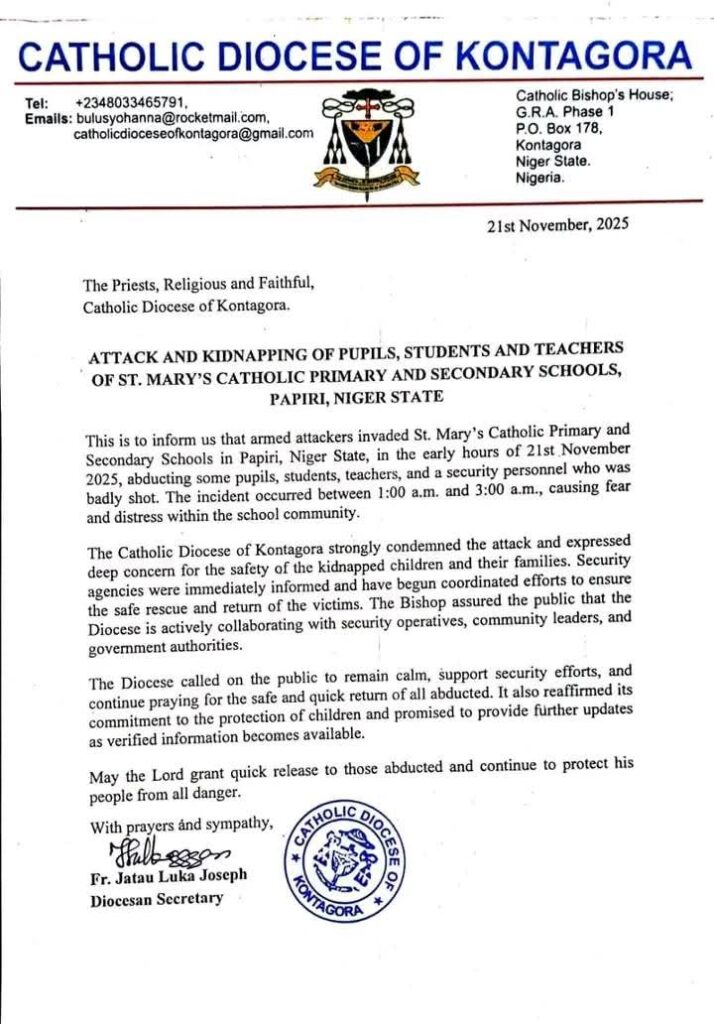 ABOUT 100 TEACHERS AND STUDENTS ABDUCTED FROM ST MARY'S CATHOLIC SCHOOL IN NIGER STATE