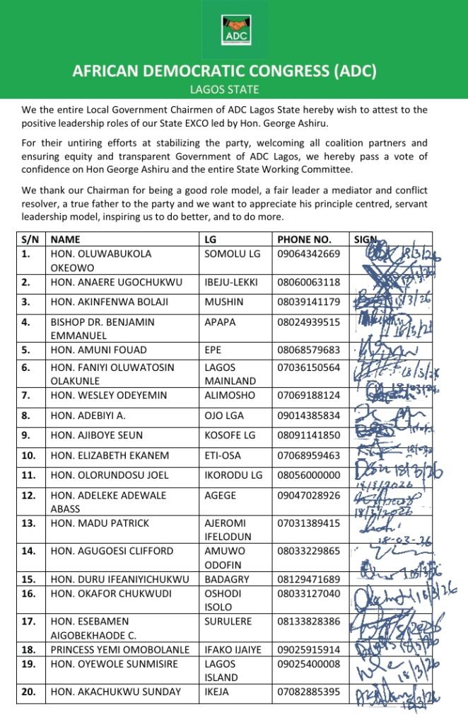 Lagos State ADC LGA Chairmen Route for Ashiru, Others as Congress Approaches