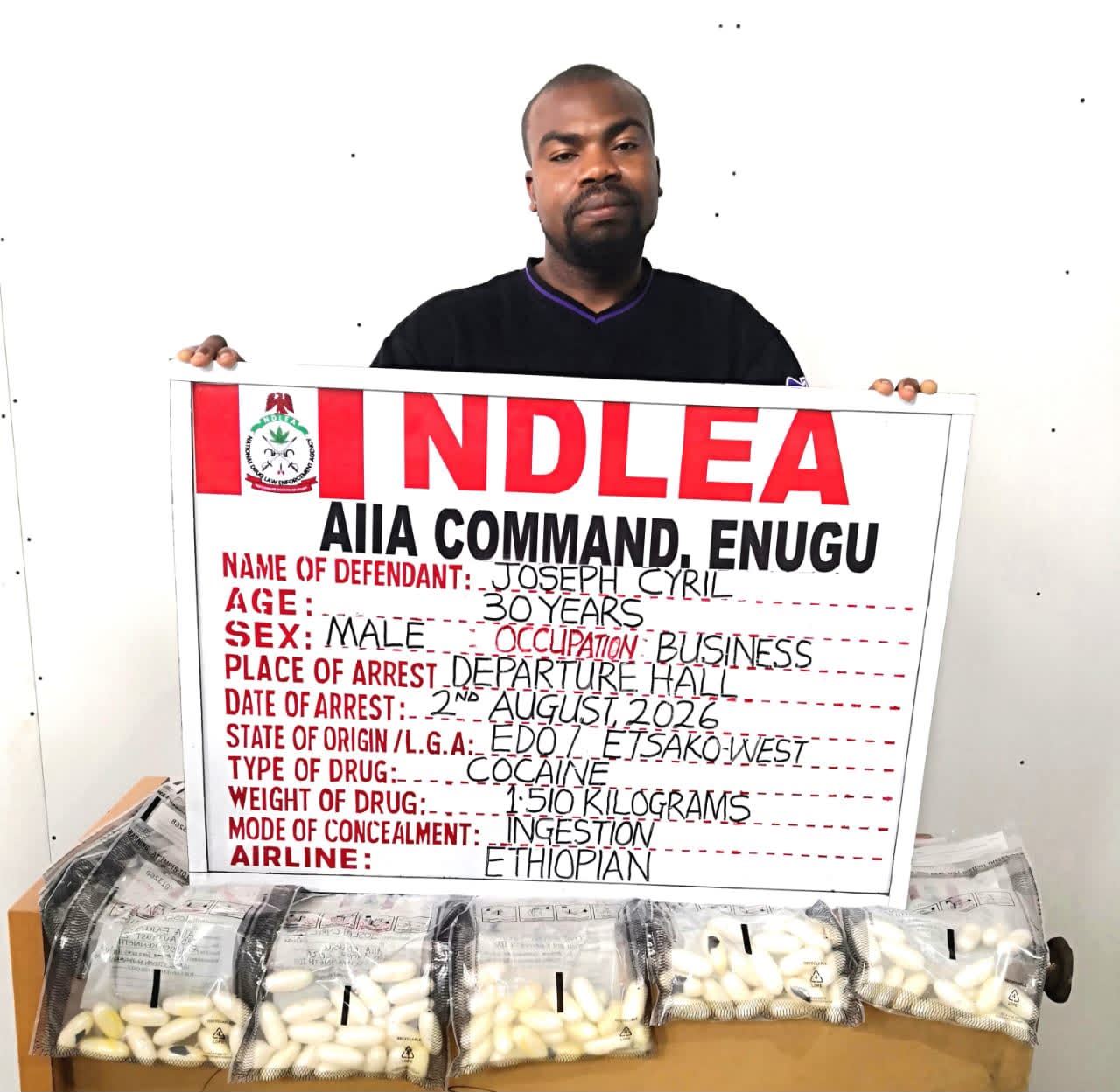 NDLEA Arrests Italy-Based Businessman With 98 Wraps of Cocaine in Enugu